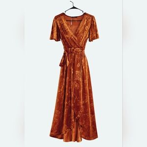 Rust Burnout Velvet Faux Wrap Midi Boho Stretch Waist Modesty Snap Size S
